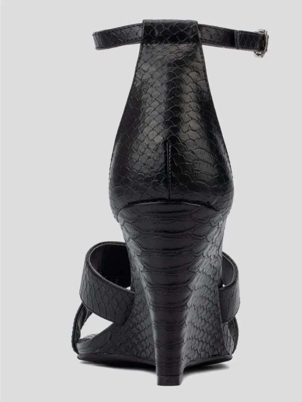 Fashion to Figure Marcie Black Croc-Texture Wedge Sandals with Ankle Strap 14 W